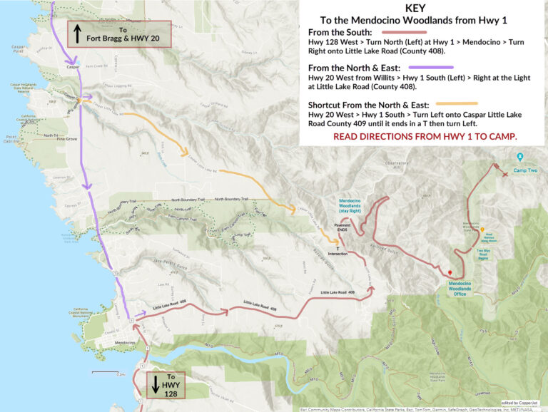 Map from Mendocino to the Woodlands Camp Two